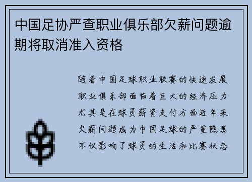 中国足协严查职业俱乐部欠薪问题逾期将取消准入资格