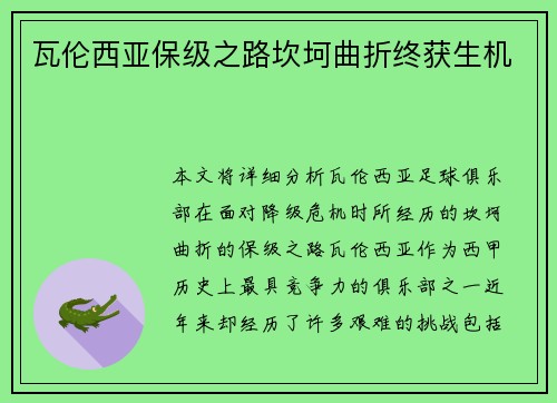 瓦伦西亚保级之路坎坷曲折终获生机 瓦伦西亚保级之路坎坷曲折终获生机